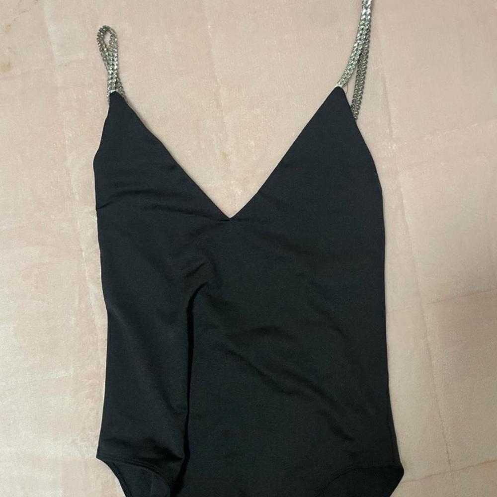 Black body suit with rhinestone Straps